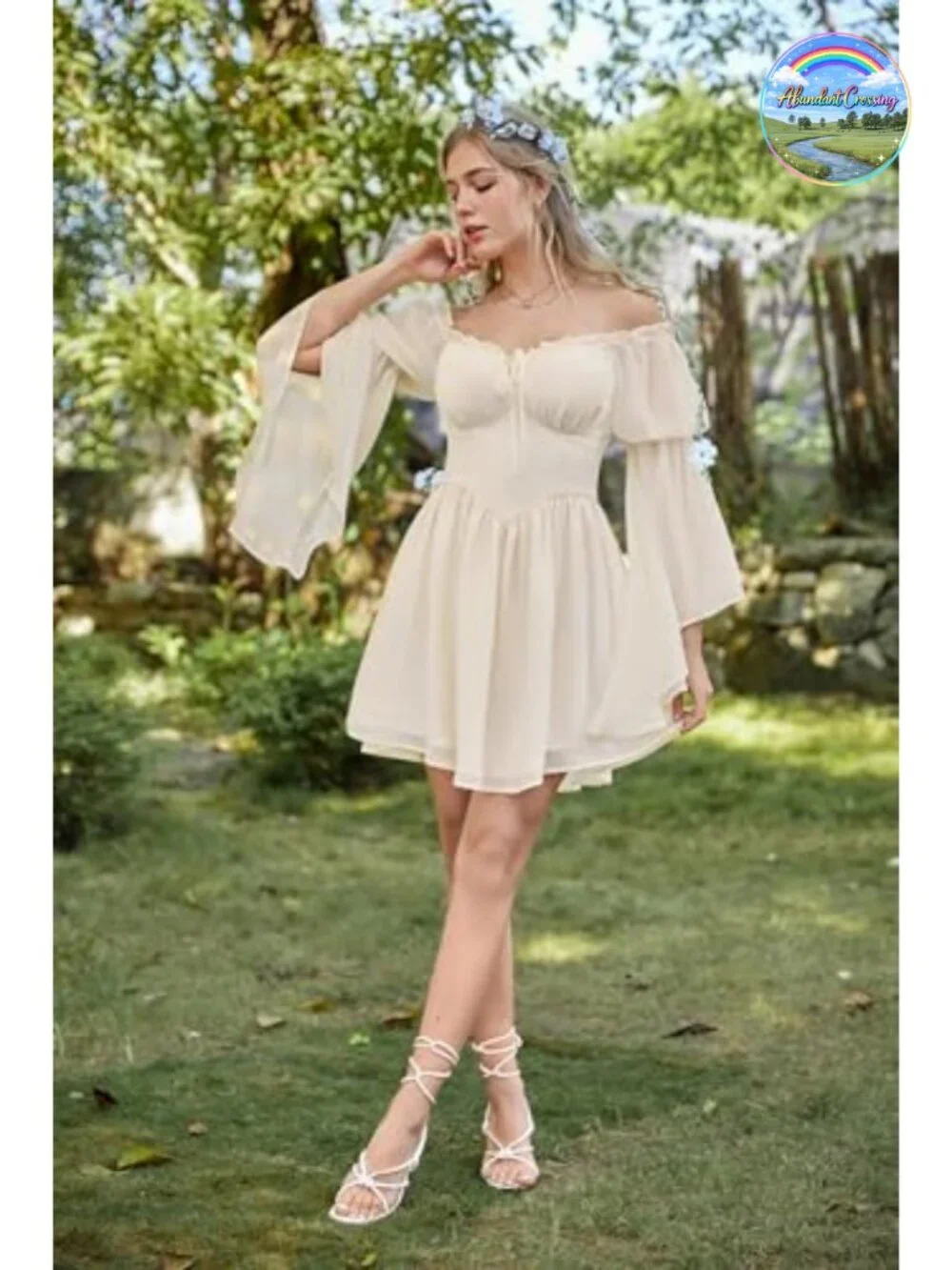 Renaissance Chiffon Dress Off Shoulder Bell Sleeve Corset Waist Pockets